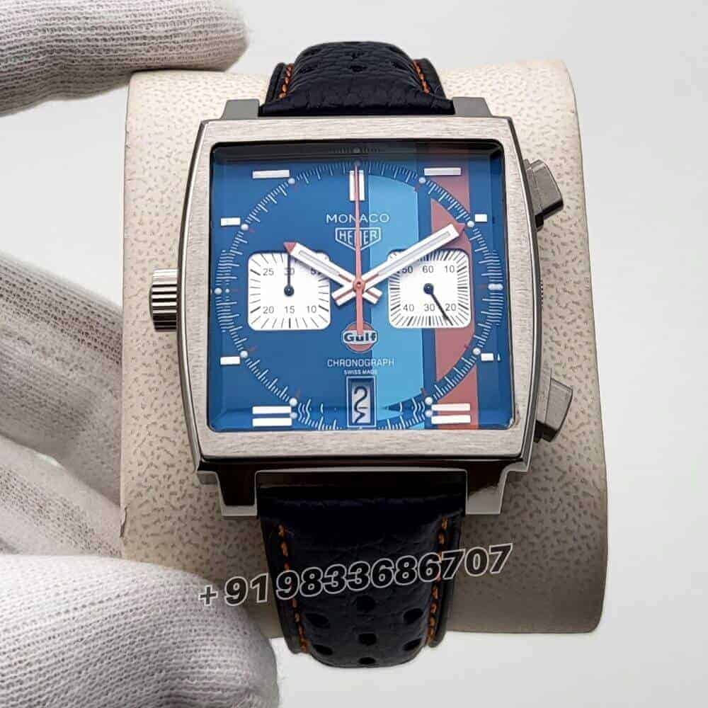 Tag Heuer Monaco Gulf Chronograph Silver Multicolour Dial Leather Strap High Quality Watch Billionare Watches